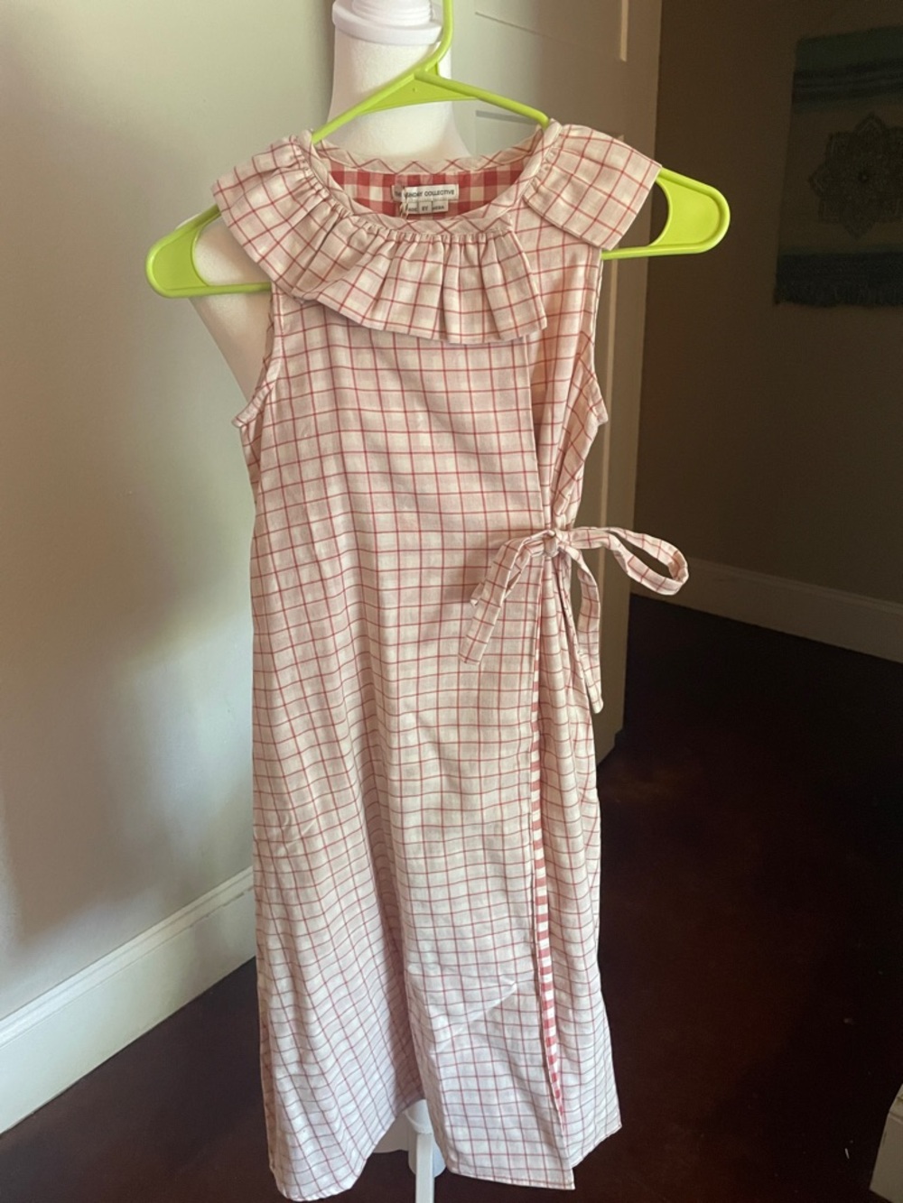 Girls' Checked Pink Ruffle-Neck Wrap Dress